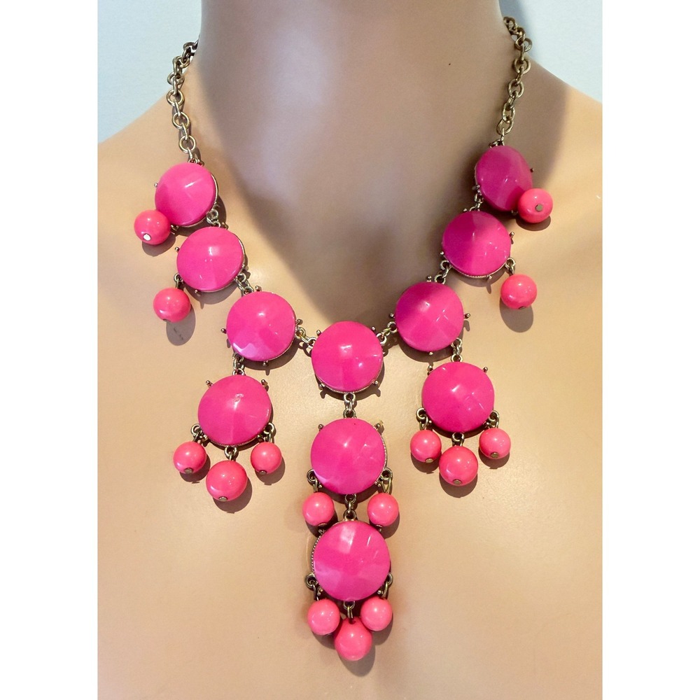 Pink Bib Necklace Gold Tone Chain Lobster Clasp 18"